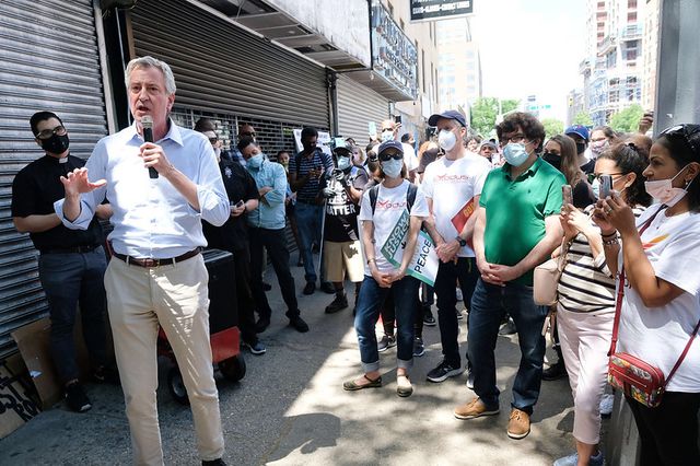 Mayor Bill de Blasio delivers remarks and marches at Exodus Transitional Community’s East Harlem Pray and Protest Exodus Transitional Community, Manhattan, Sunday, June 14, 2020.